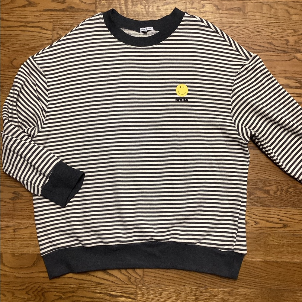 White Birch Smile emoji Crewneck Sweatshirt Charcoal Gray Stripe. Size XL
